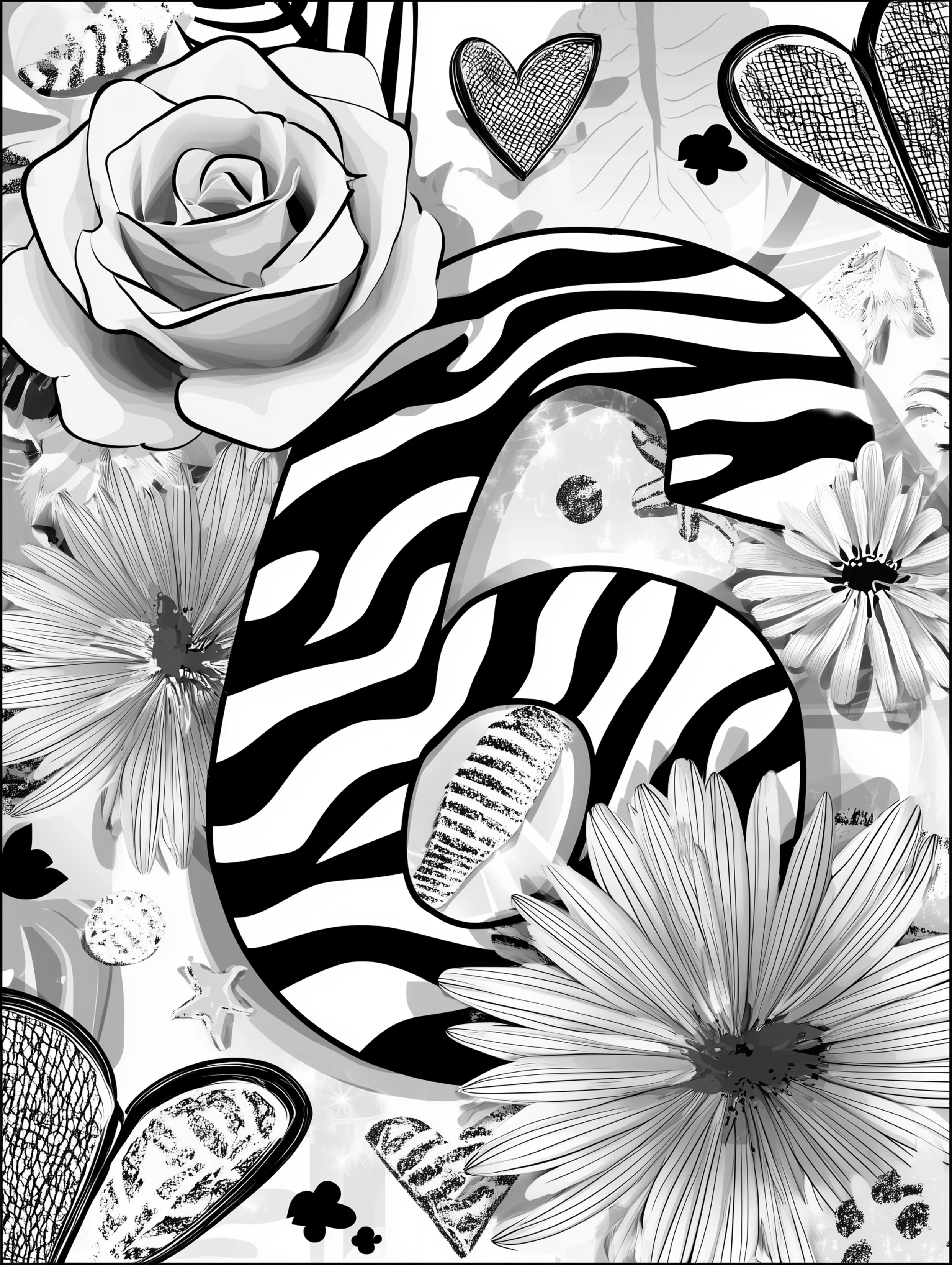 Free printable coloring page for numbers featuring a zebra textured number six tilted to the right